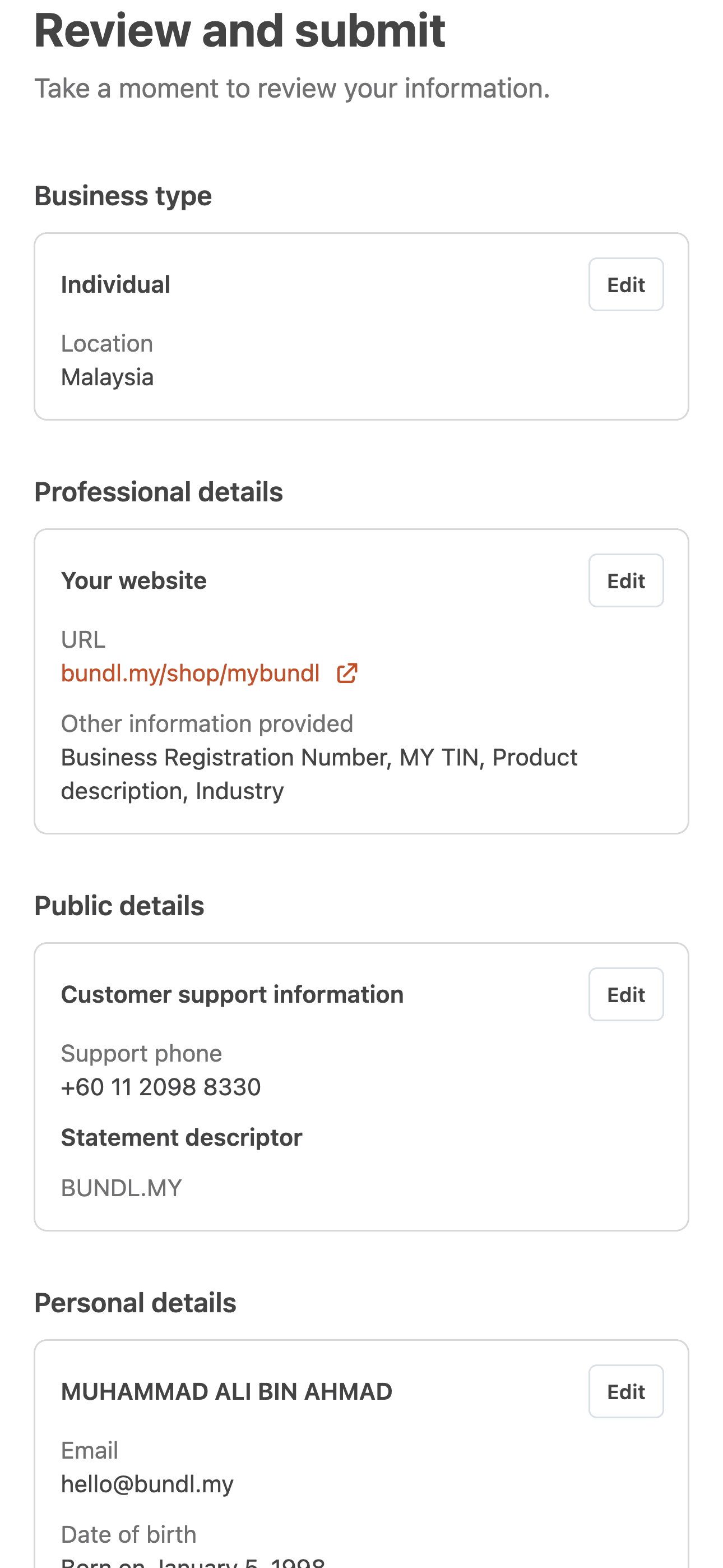 Review summary of all entered information