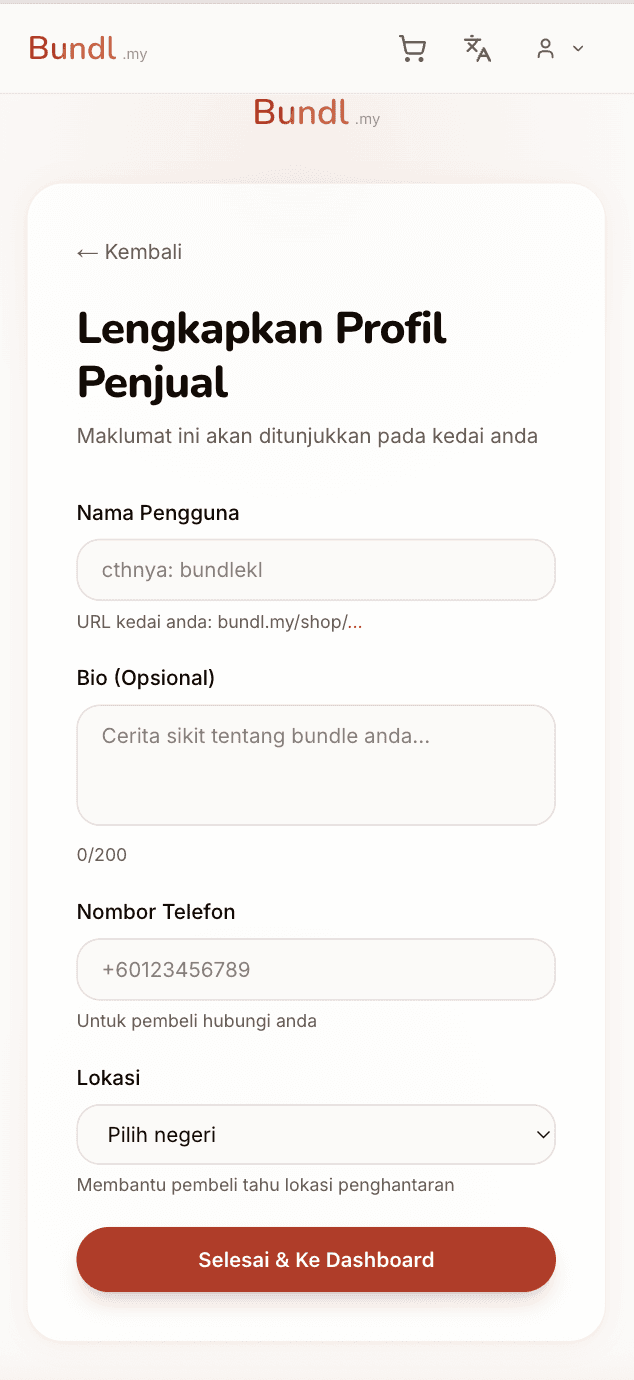 Borang lengkapkan profil penjual