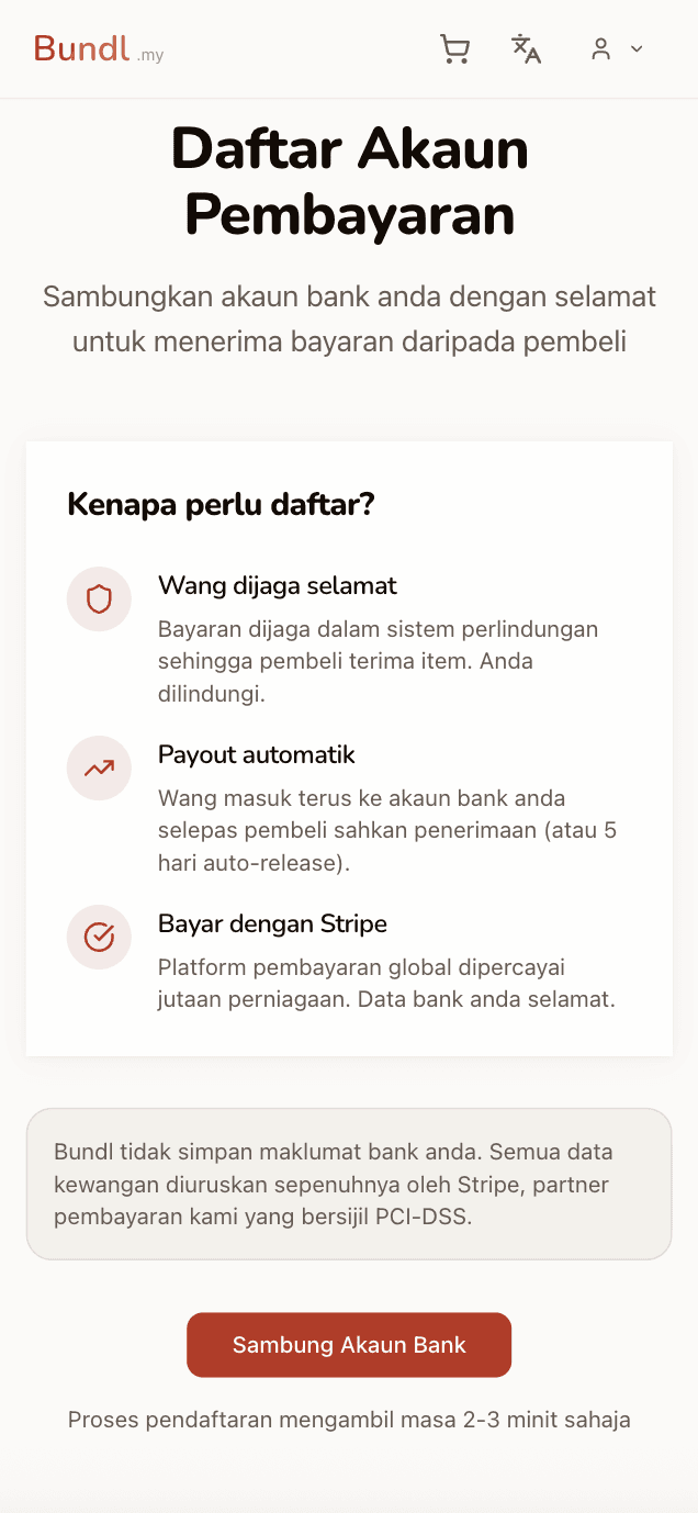 Halaman Daftar Akaun Pembayaran dengan maklumat Stripe